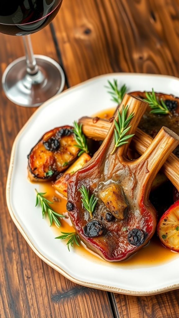 Oven-Baked Lamb Chops Recipe Oven-baked lamb chops garnished with rosemary, served with roasted vegetables on a rustic table.